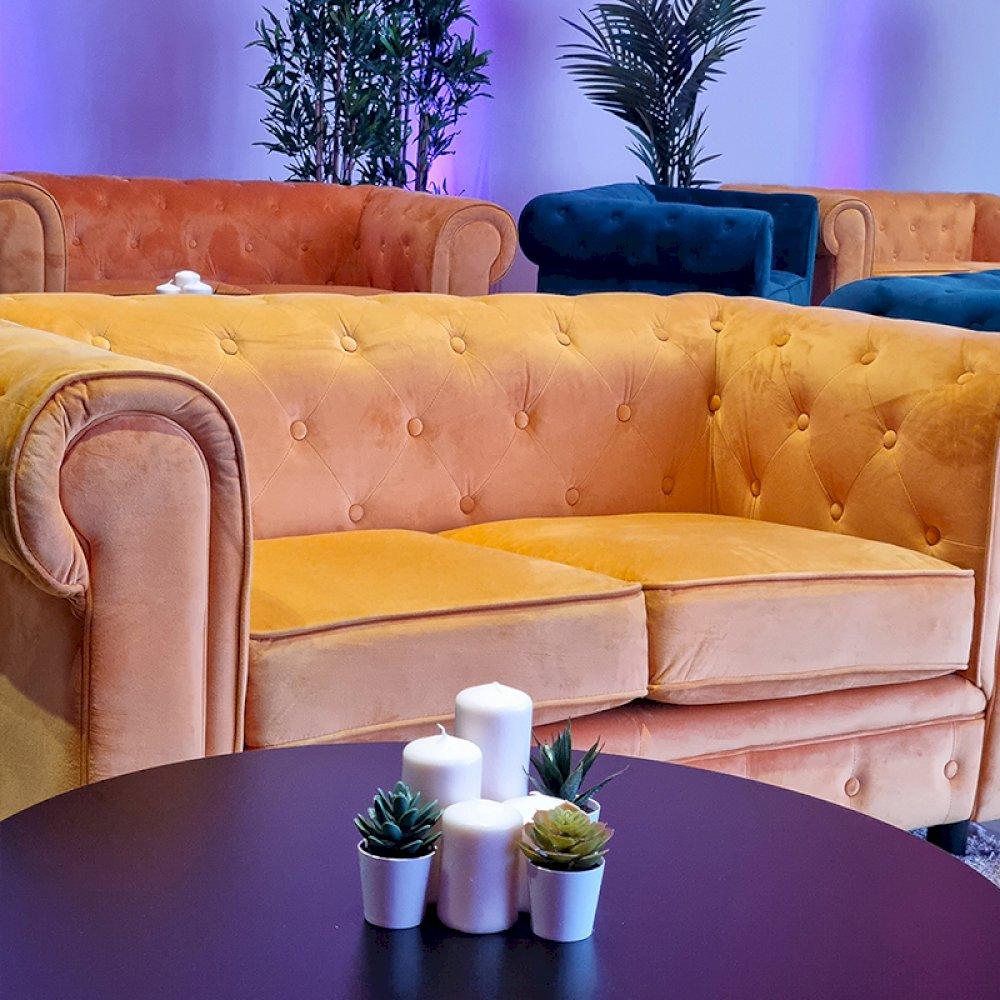 Our colourful Chesterfield sofas will create a secret cinema feel instantly.