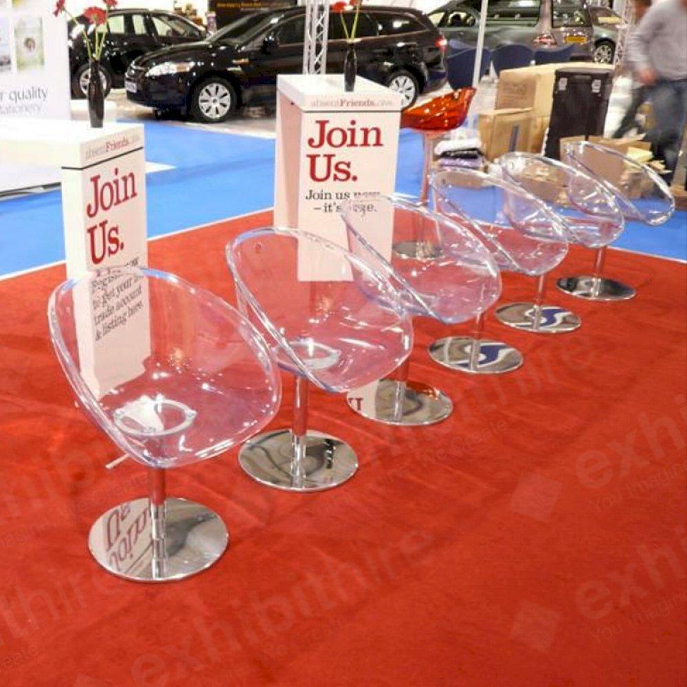 The Gliss Chair can be hired in a range of colours including red, orange, green, white, black and clear.