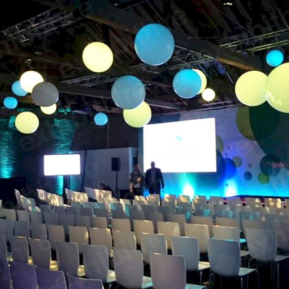 Our Globes hang from the ceiling and can be illuminated in a range of colours.