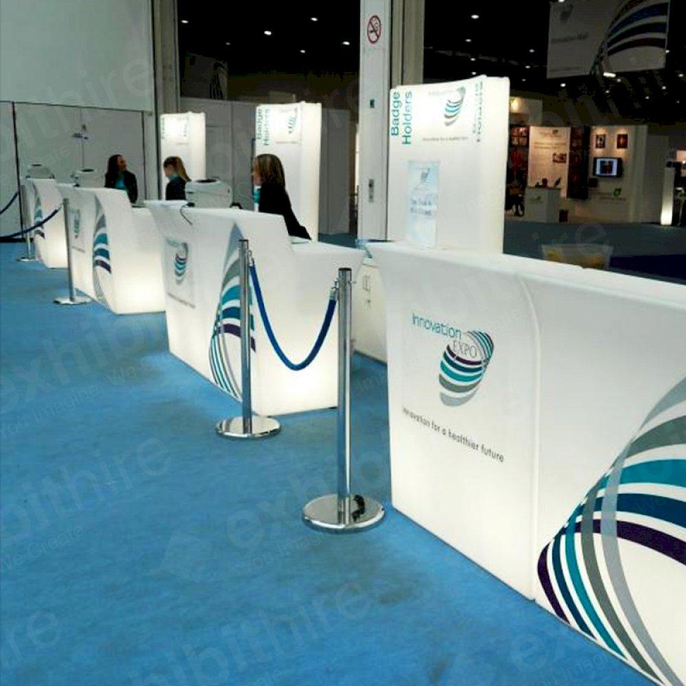 The Illuminated Bar Unit looks great at any exhibition and event. The bar can be lit up in a range of colours and can have graphics printed on to it.