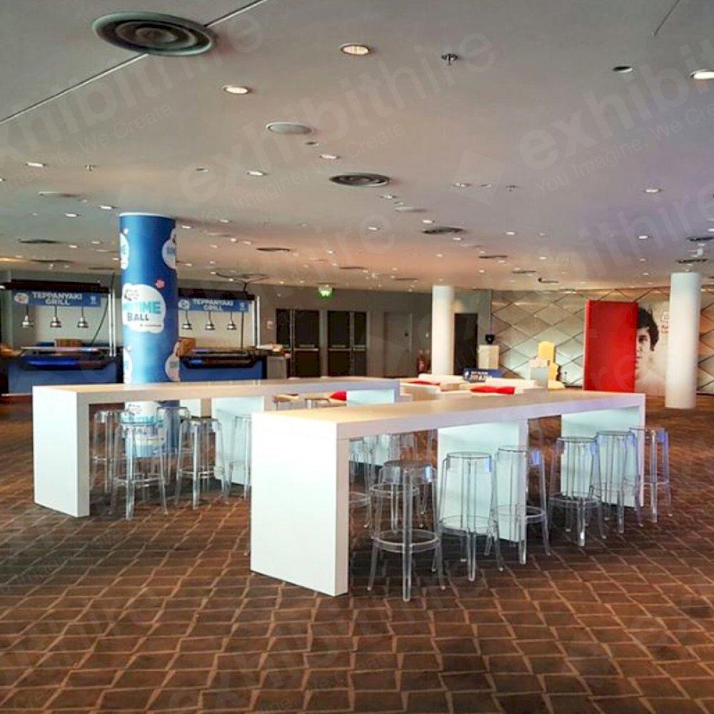 Our Plank Tables look great with our Charles Ghost Stools at any event.