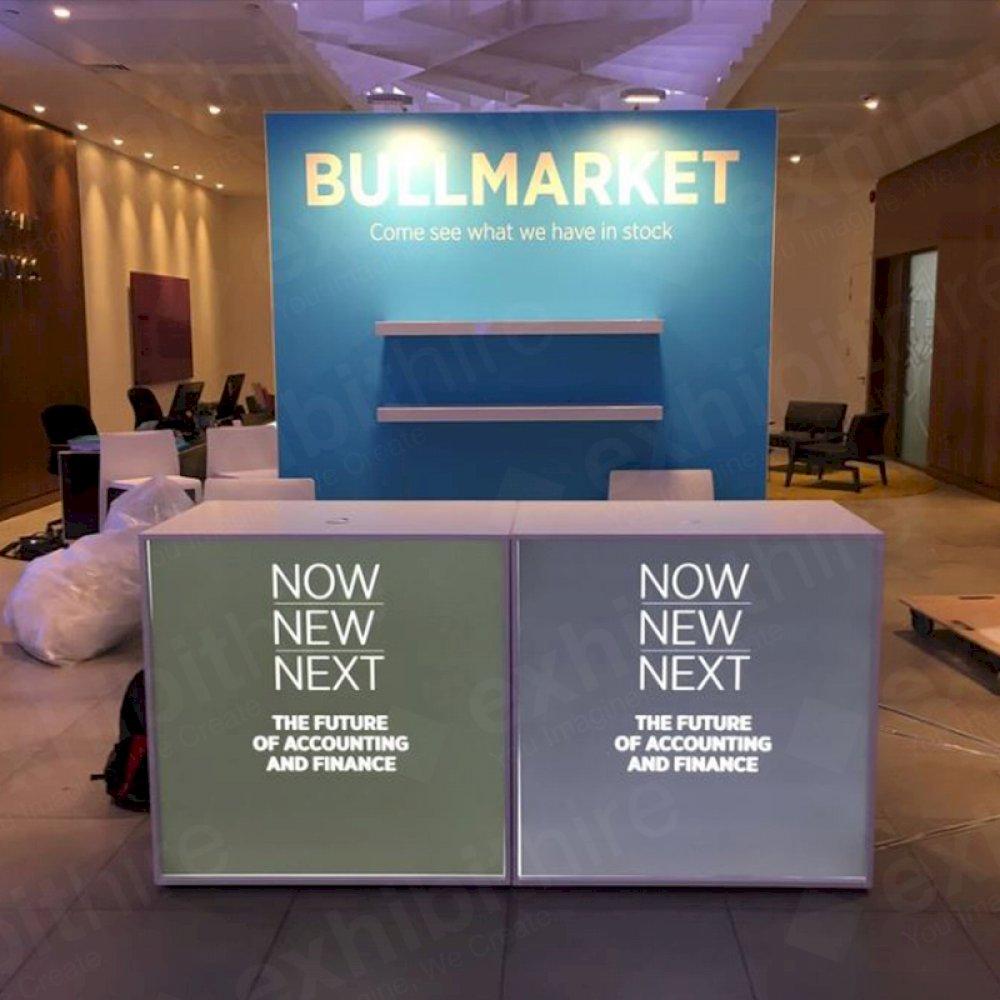 Illuminated Reception Counters can have your graphics added on! Our LED Display Lights light up the walling and attract attention to your exhibition stand.