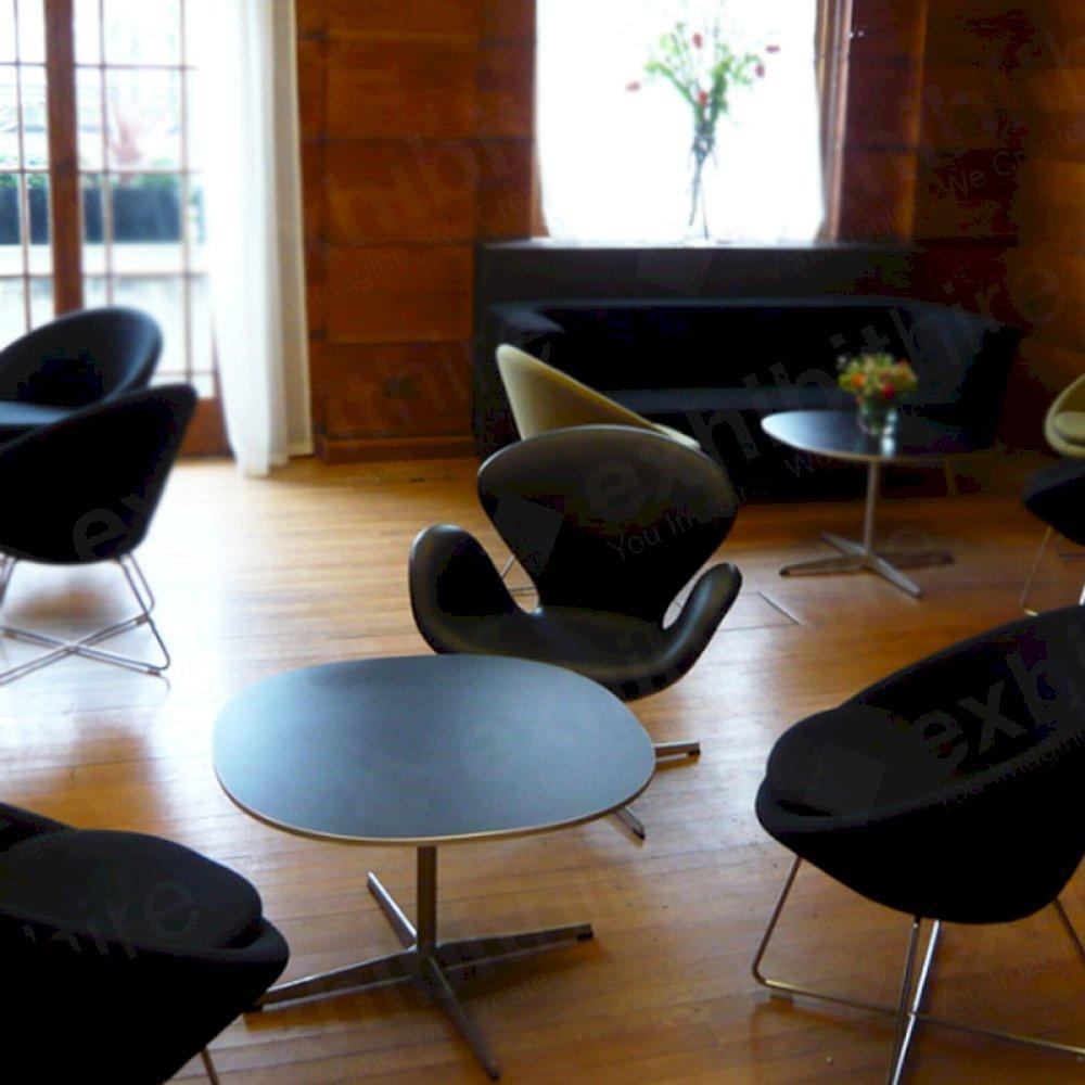 Our Swan Coffee Table can be hired in black or white and is the perfect corporate table.
