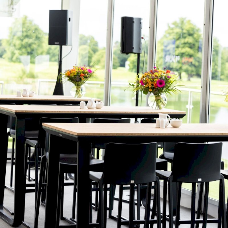 Utah Double Poseur Table - Black Base Natural Oak Top