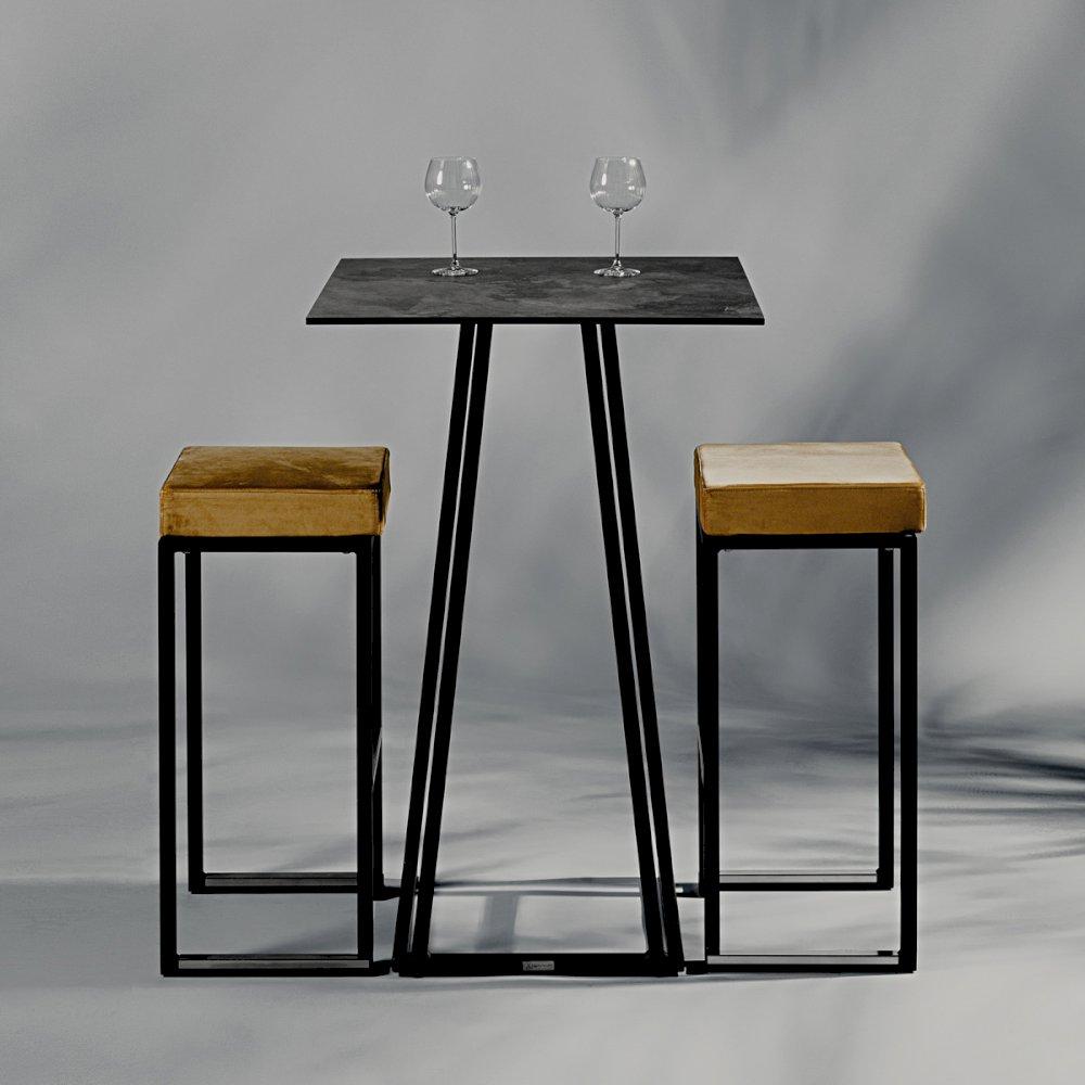 Featured: Nevada black stools, gold pad with a Dallas square poseur table in black.
