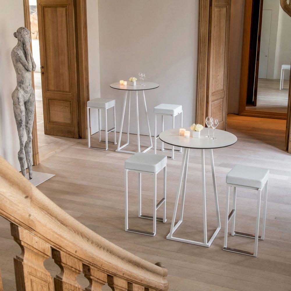 Featured: Dallas white round poseur tables with Nevada white stools, white pad.