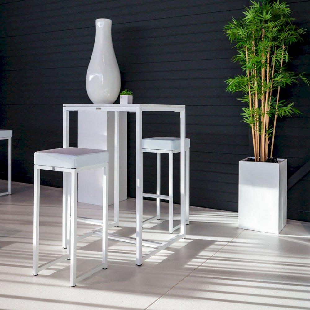 Featured: Nevada white box frame poseur table with white Nevada stools, white pad.